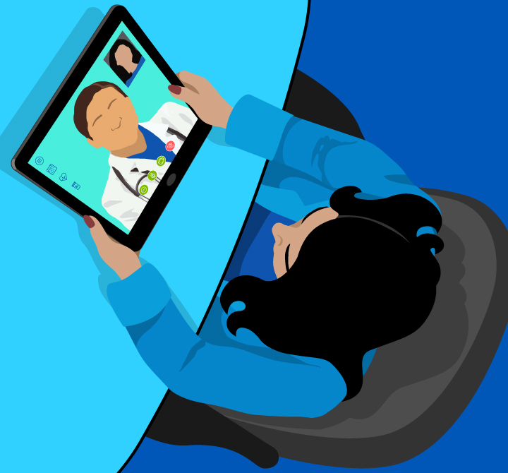 Woman on tablet speaking with doctor